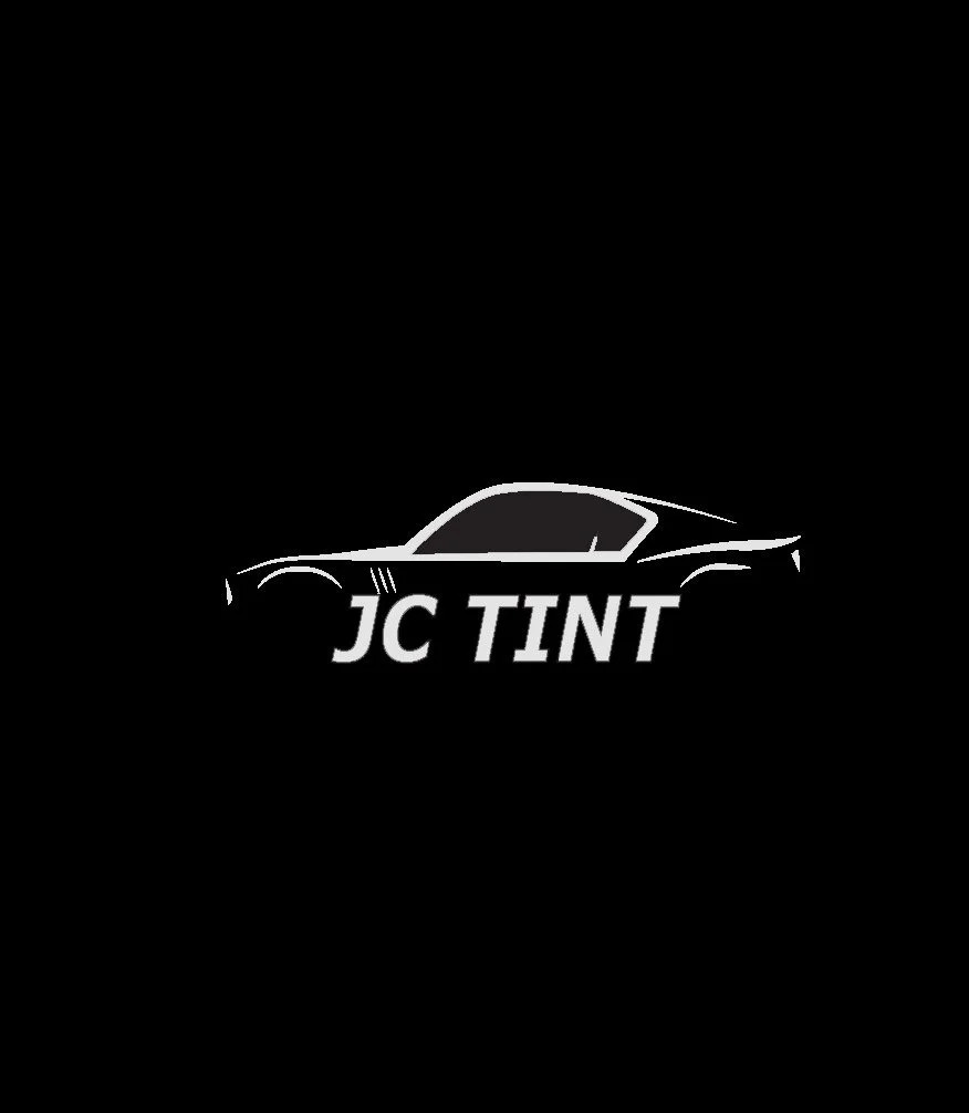 A black and white logo with a stylized outline of a sleek sports car and the text 'JC TINT' beneath it.