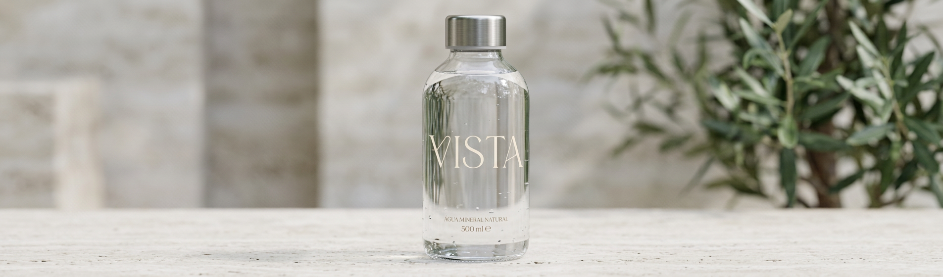 A clear glass bottle filled with mineral water, labeled branded with a logo "VISTA," with a metal cap, placed on a light-colored surface outdoors with greenery and a stone wall in the background.