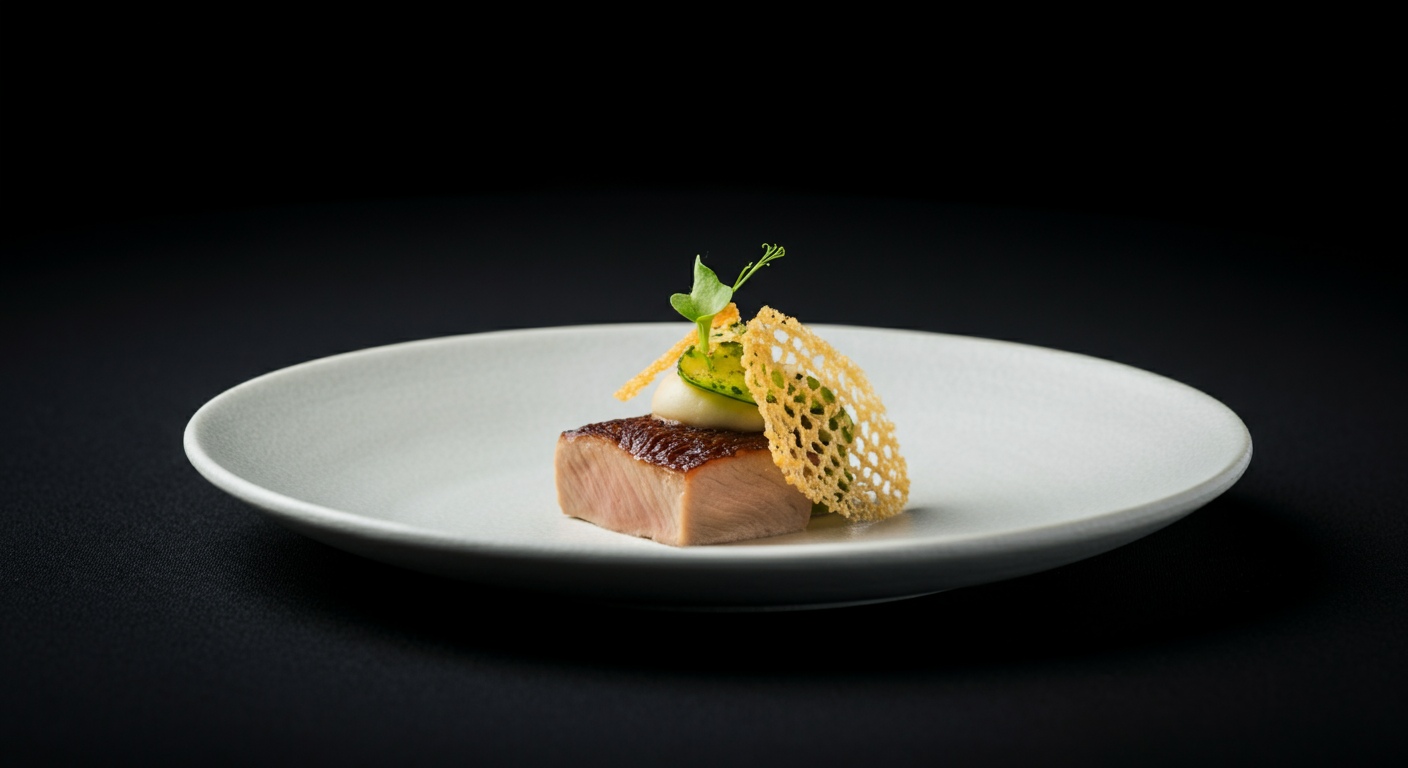 A plated gourmet dish features a piece of seared meat topped with a dollop of white sauce, garnished with a thin slice of cucumber, a sprig of microgreens, and crispy lattice-like cheese wafers on a white oval plate against a black background.