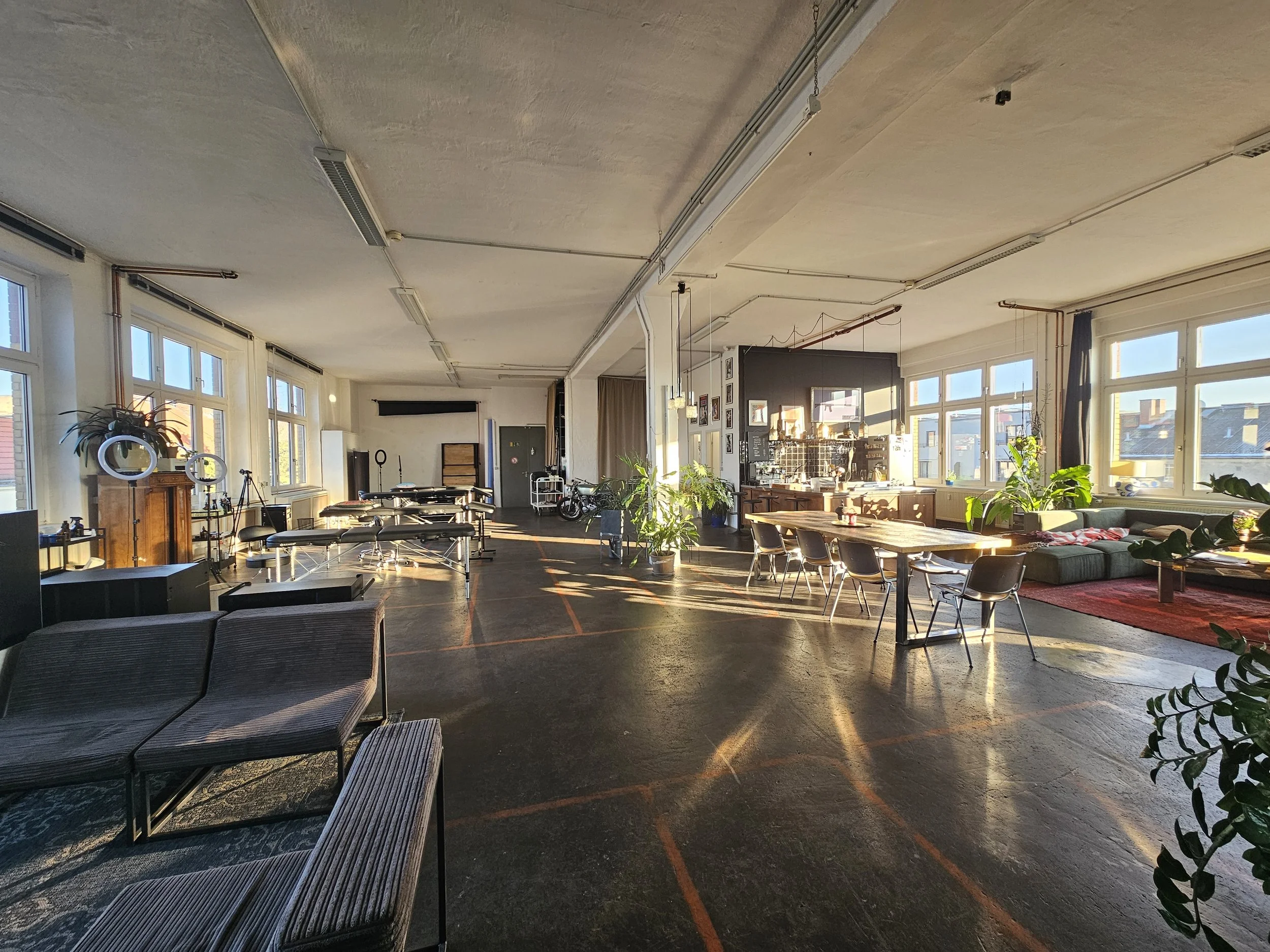 Ein heller, offener Raum mit großen Fenstern, die Sonnenlicht hereinlassen, und modernen Möbeln, Pflanzen und einem Küchenbereich im Hintergrund.