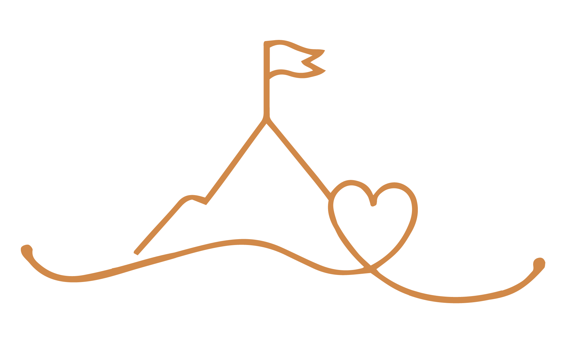 A brown line drawing of a mountain with a flag on top, a heart shape at the base, and a wavy line underneath.