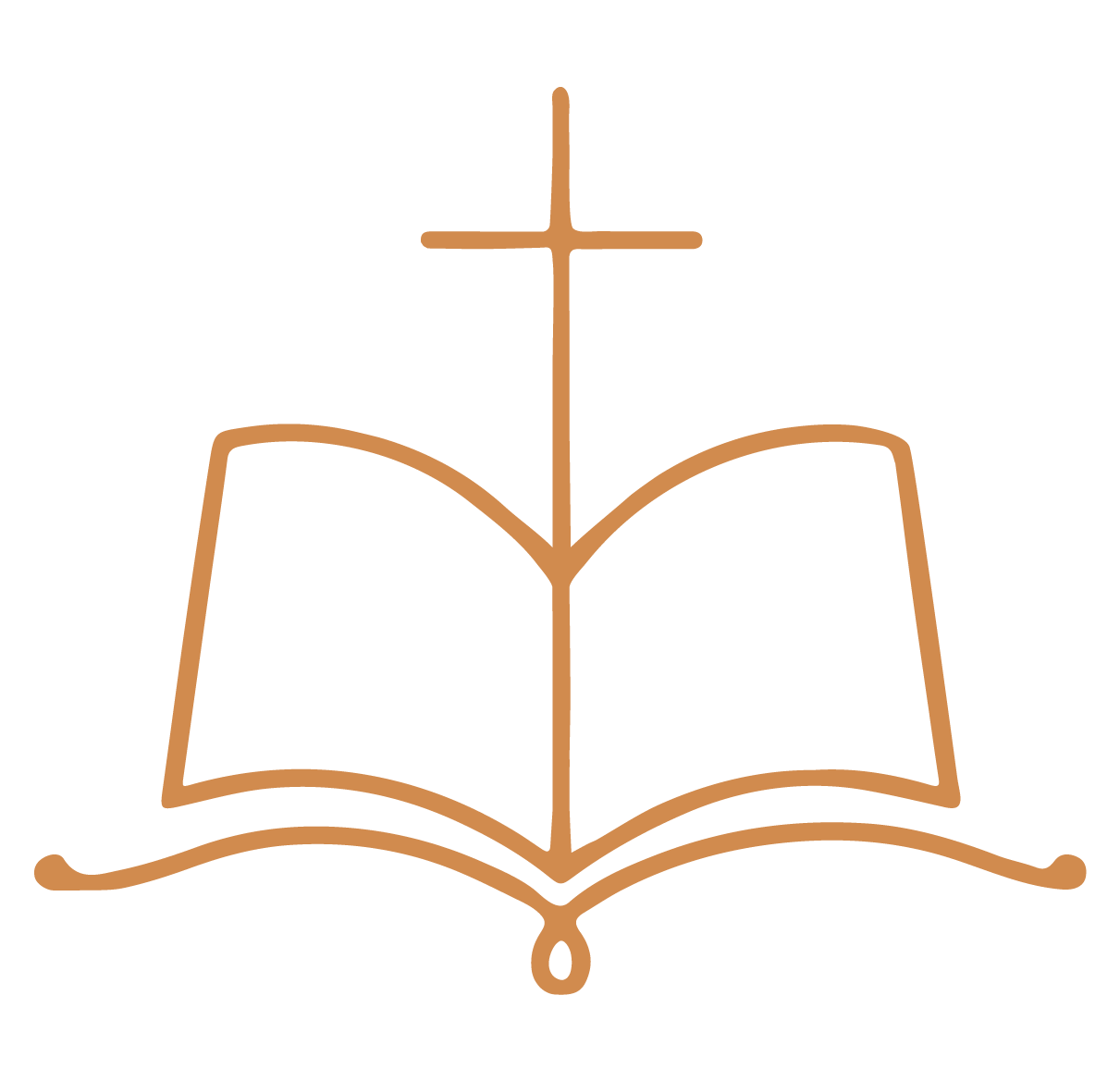 Line art of an open Bible with a cross symbol over it, in brown outline.