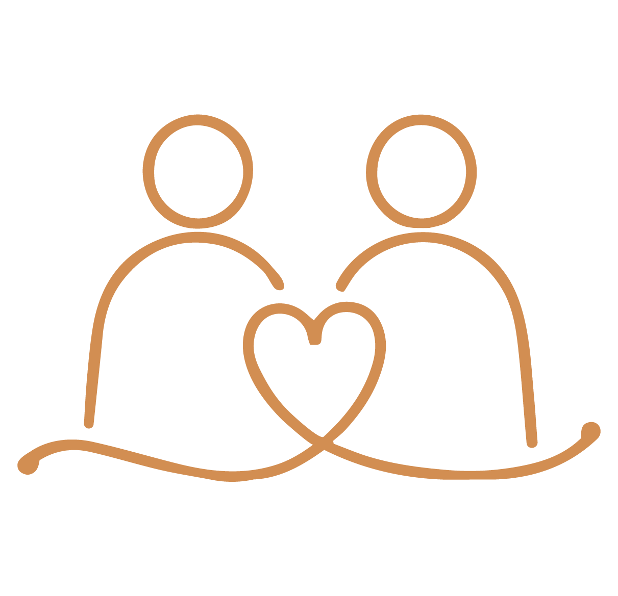 Line drawing of two people connected by a heart, symbolizing love or partnership.
