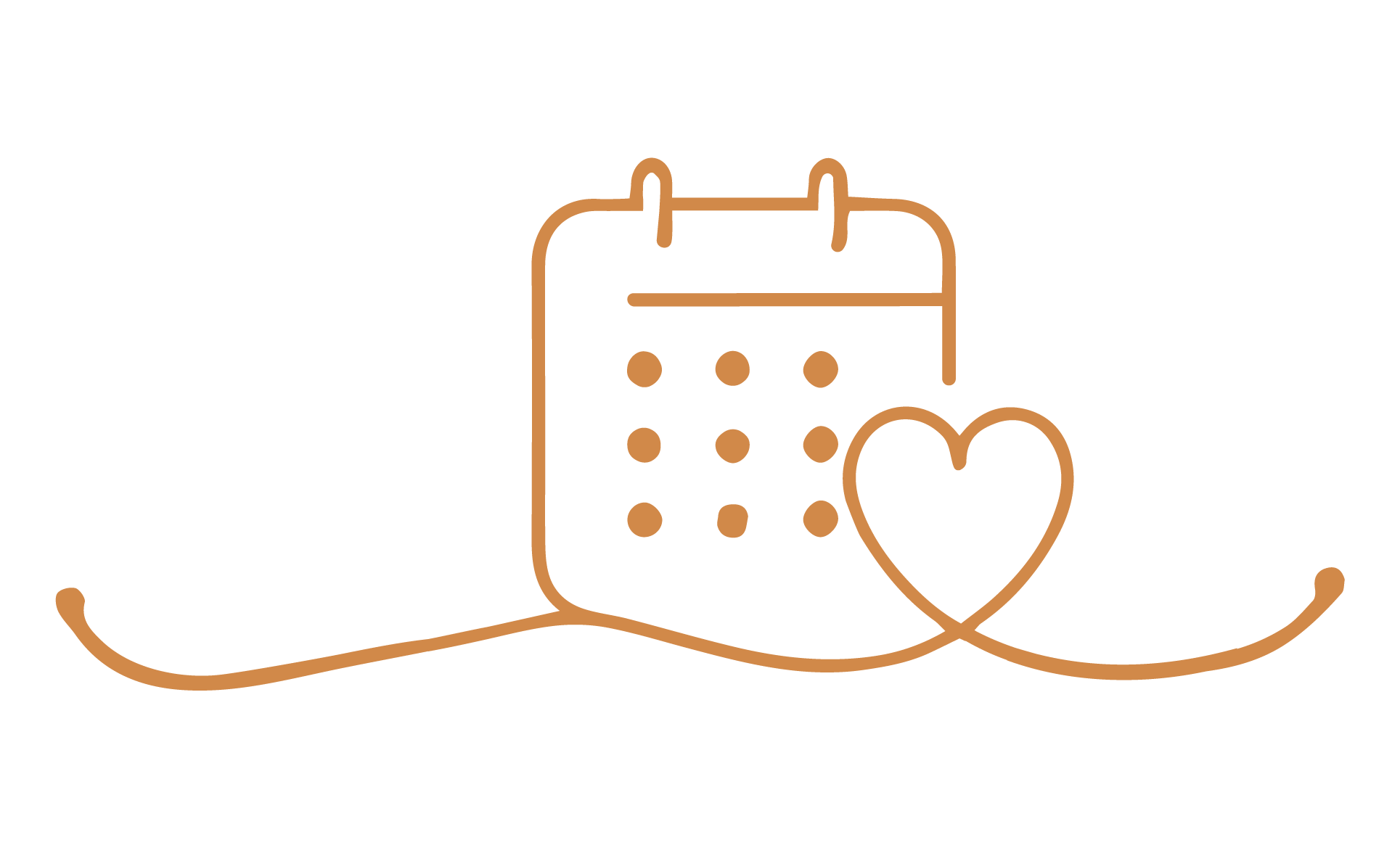 Outline illustration of a calendar with a heart beside it, held by two hands.