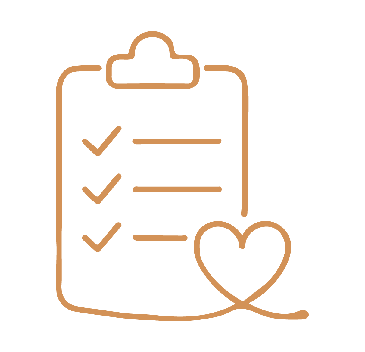 Line art illustration of a clipboard with a checklist and a heart symbol.