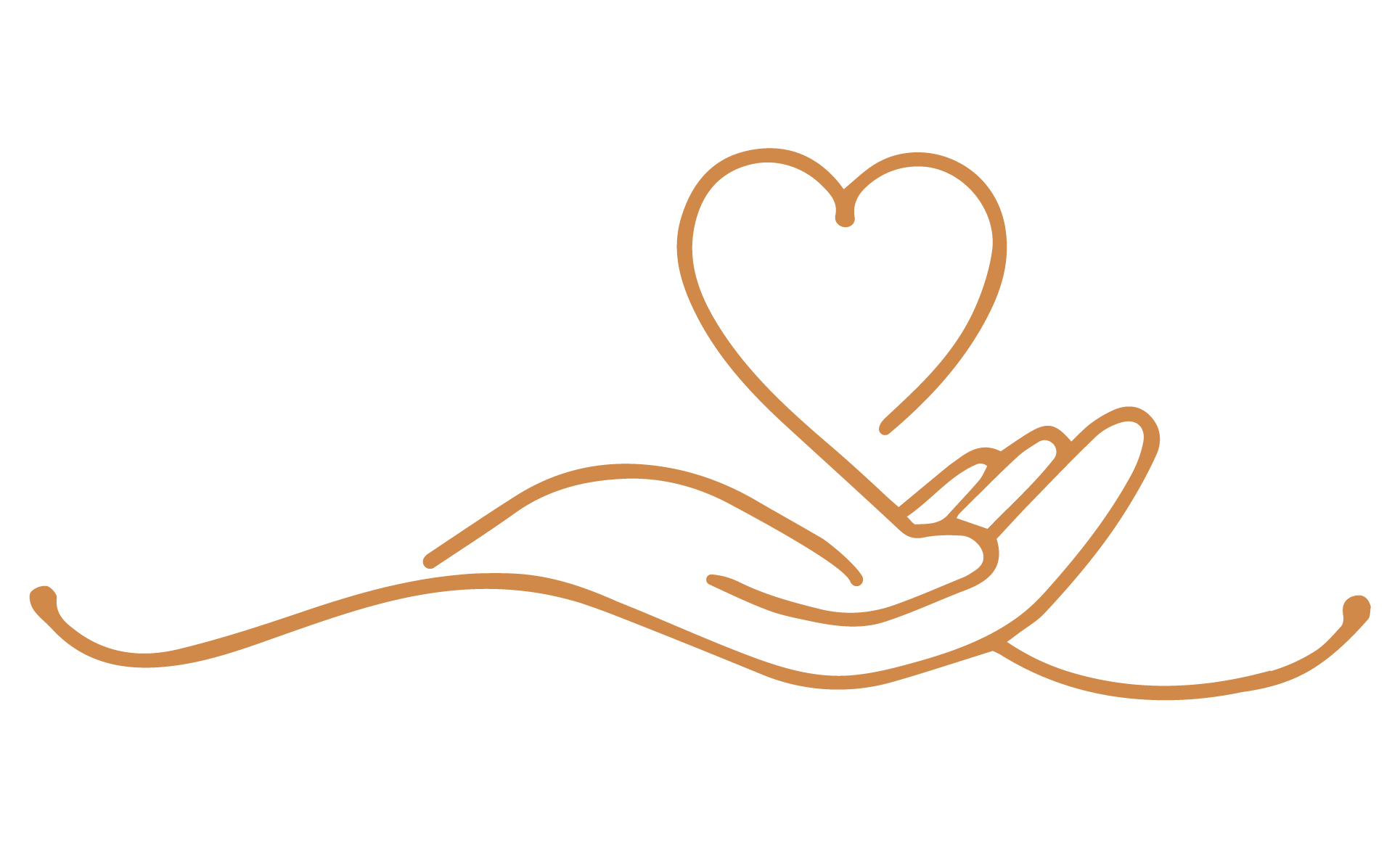 Outline of a hand holding a heart with a line art style, minimalistic design in brown color, representing care or love.