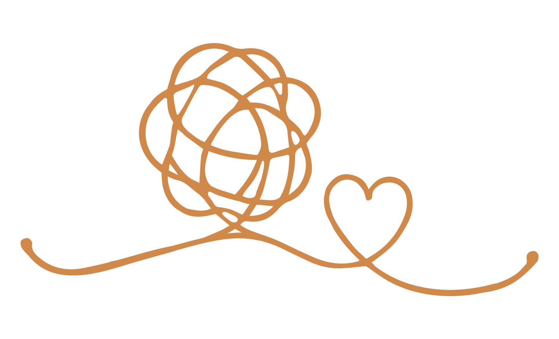 Line drawing of a ball of yarn with a crochet hook, a heart, and a small ball of yarn on a black background.