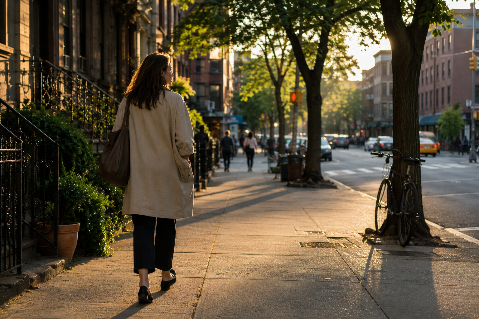 A woman with brown hair wearing a beige coat and black pants walking on a city sidewalk during sunset, with trees, parked bicycles, and buildings in the background.