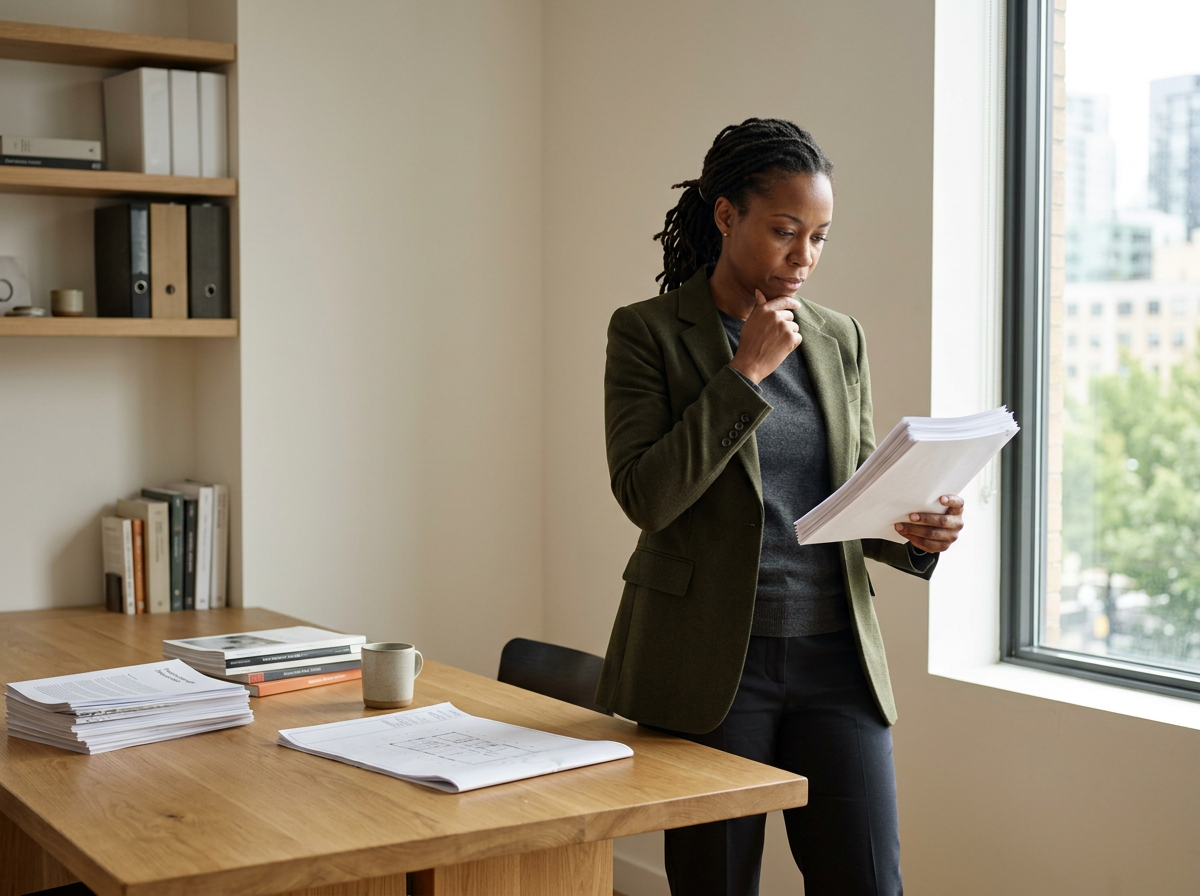 A woman standing by a wooden desk, holding a thick stack of papers, looking thoughtfully while near a large window with a cityscape view.