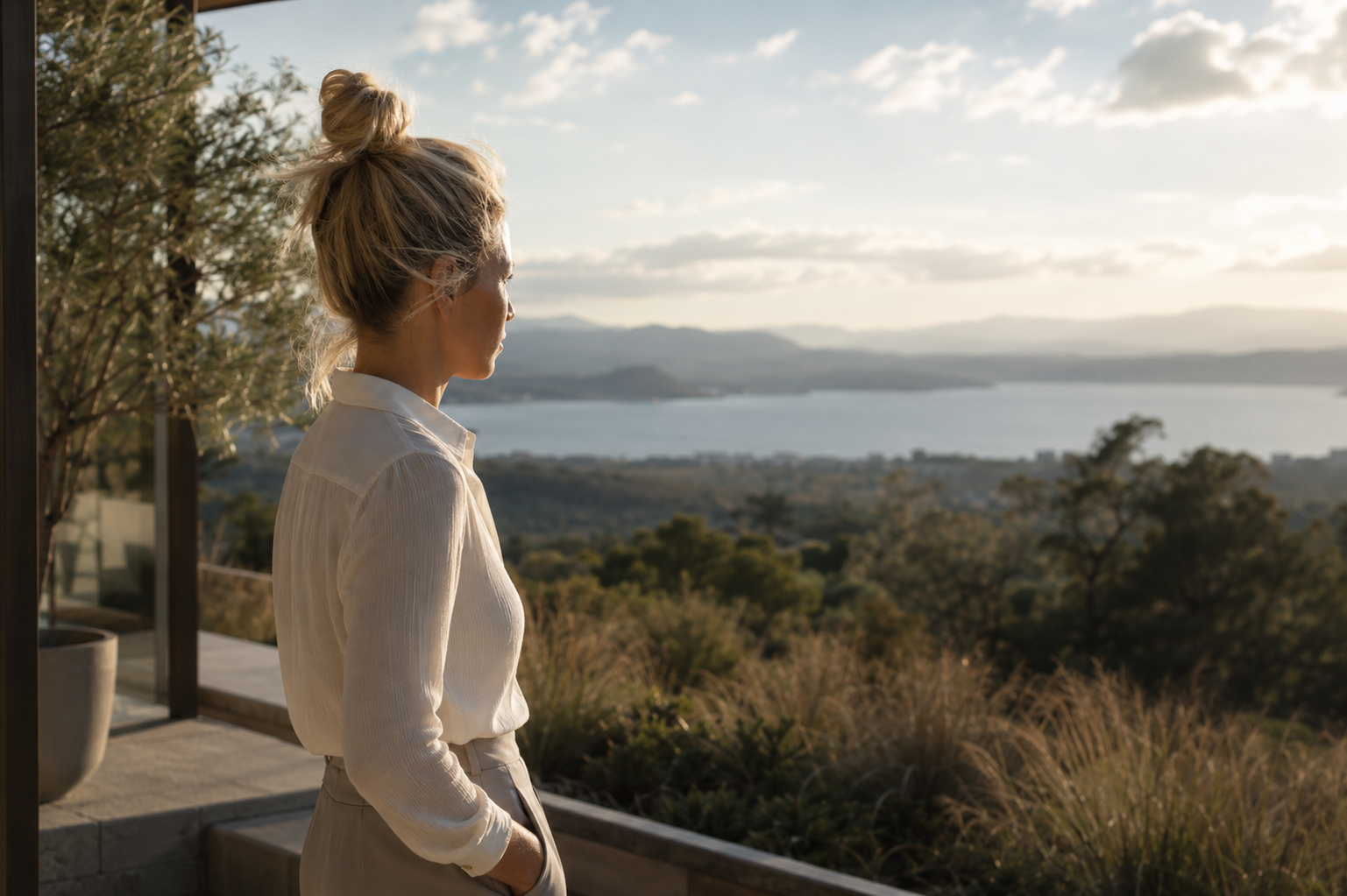Leslie Hubbard stands on a balcony, gazing at a scenic view of a lake, mountains, and trees during sunset.