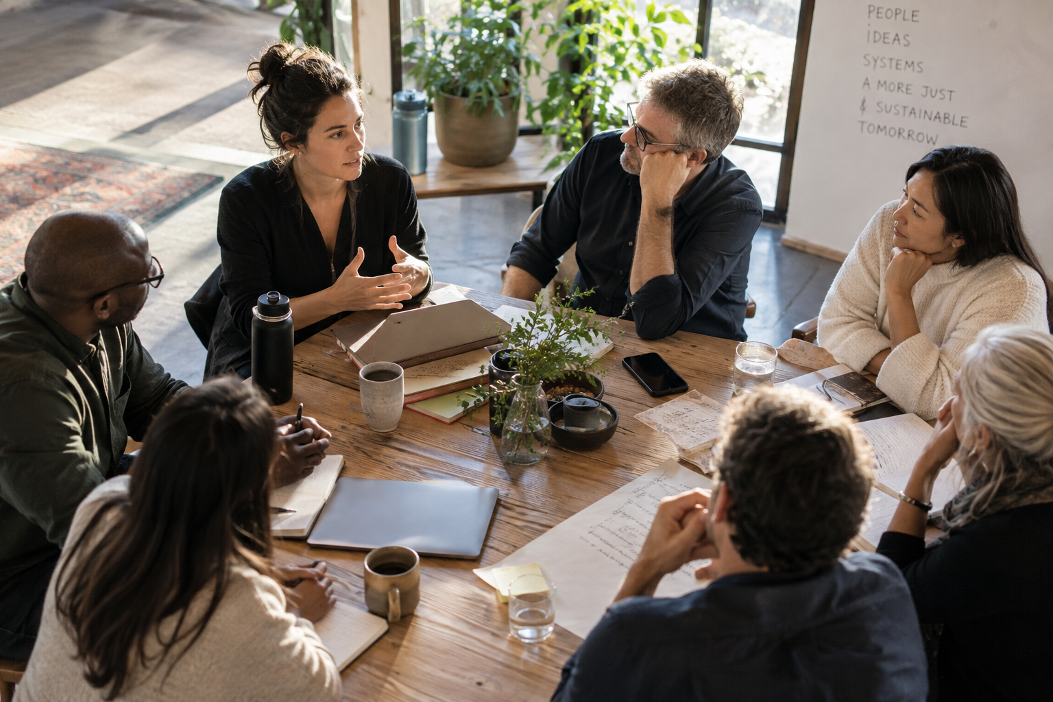 Group of diverse people having a meeting around a wooden table with notebooks, coffee cups, and a shared plant, in a room with large windows and a whiteboard with notes.