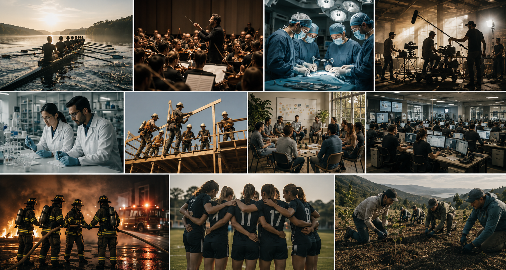 A collage of various scenes including a rowing team on a river at sunrise, an orchestra conductor leading musicians, surgeons performing surgery in an operating room, a film crew filming in a studio, scientists working in a laboratory, construction workers building a framework, a team of professionals in a business meeting, office workers in a control room, firefighters battling a blaze at night, female soccer players huddling on the field, and volunteers planting trees outdoors.