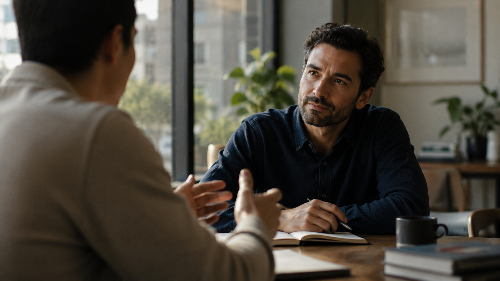 Two men having a conversation in an office setting, with one man speaking and gesturing with his hands, and the other man listening attentively, taking notes and looking thoughtfully.