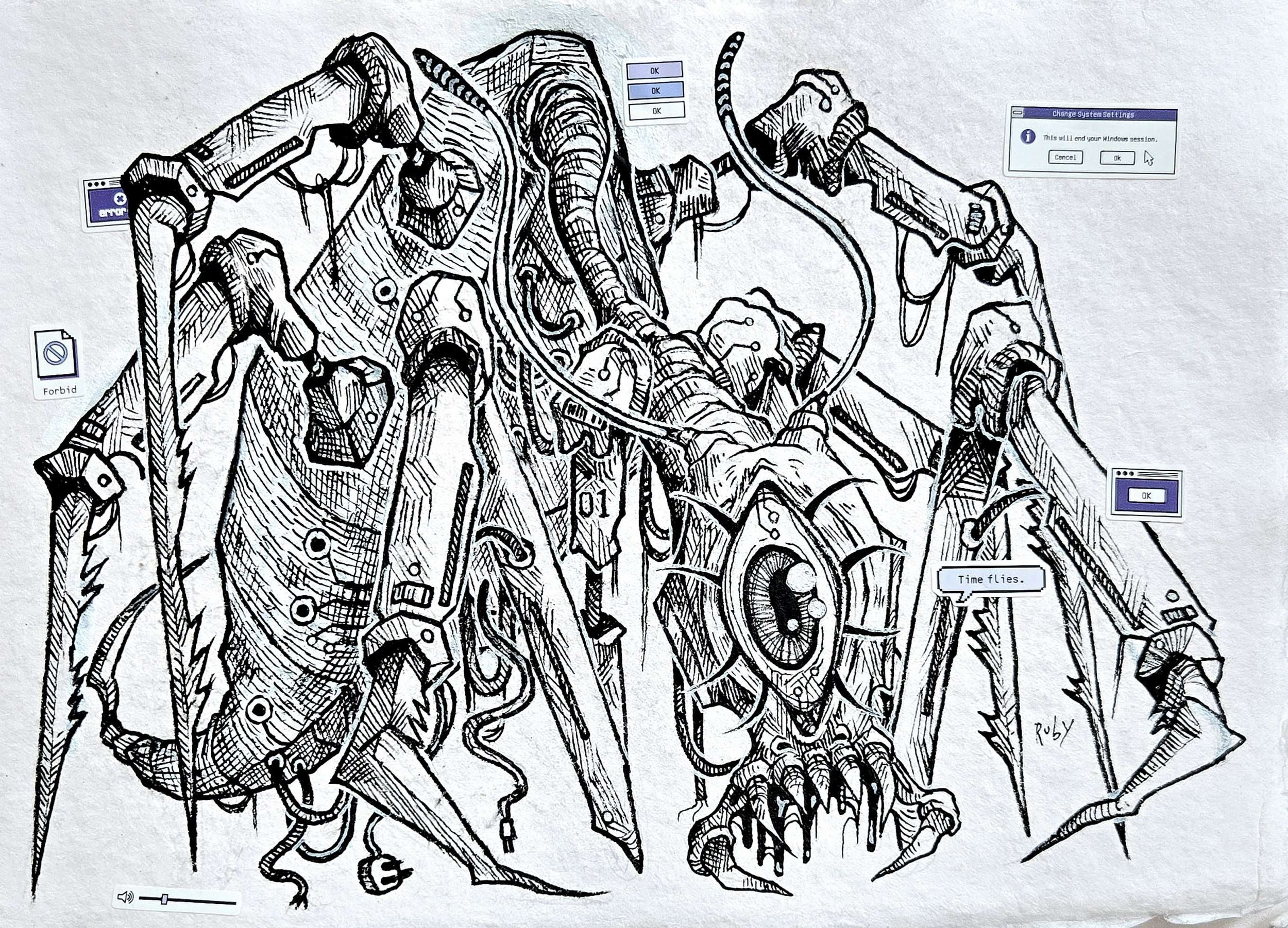 Robot Mantis (acrylic pen on paper, stickers)