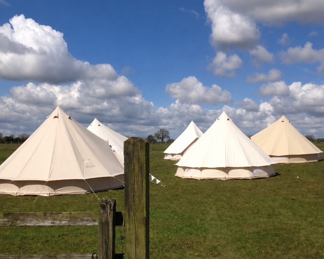 Several cream-colored tents set up on a grassy field under a partly cloudy sky.