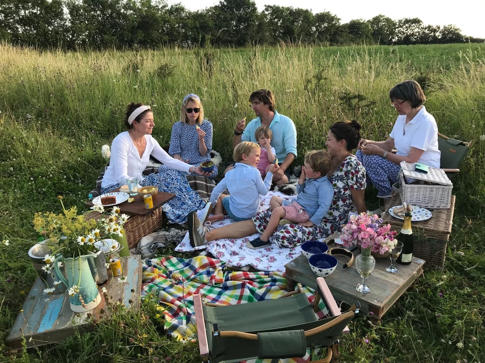 A group of people having a picnic in a grassy field with tall grass and trees in the background. They are sitting on blankets and surrounded by picnic baskets and food.