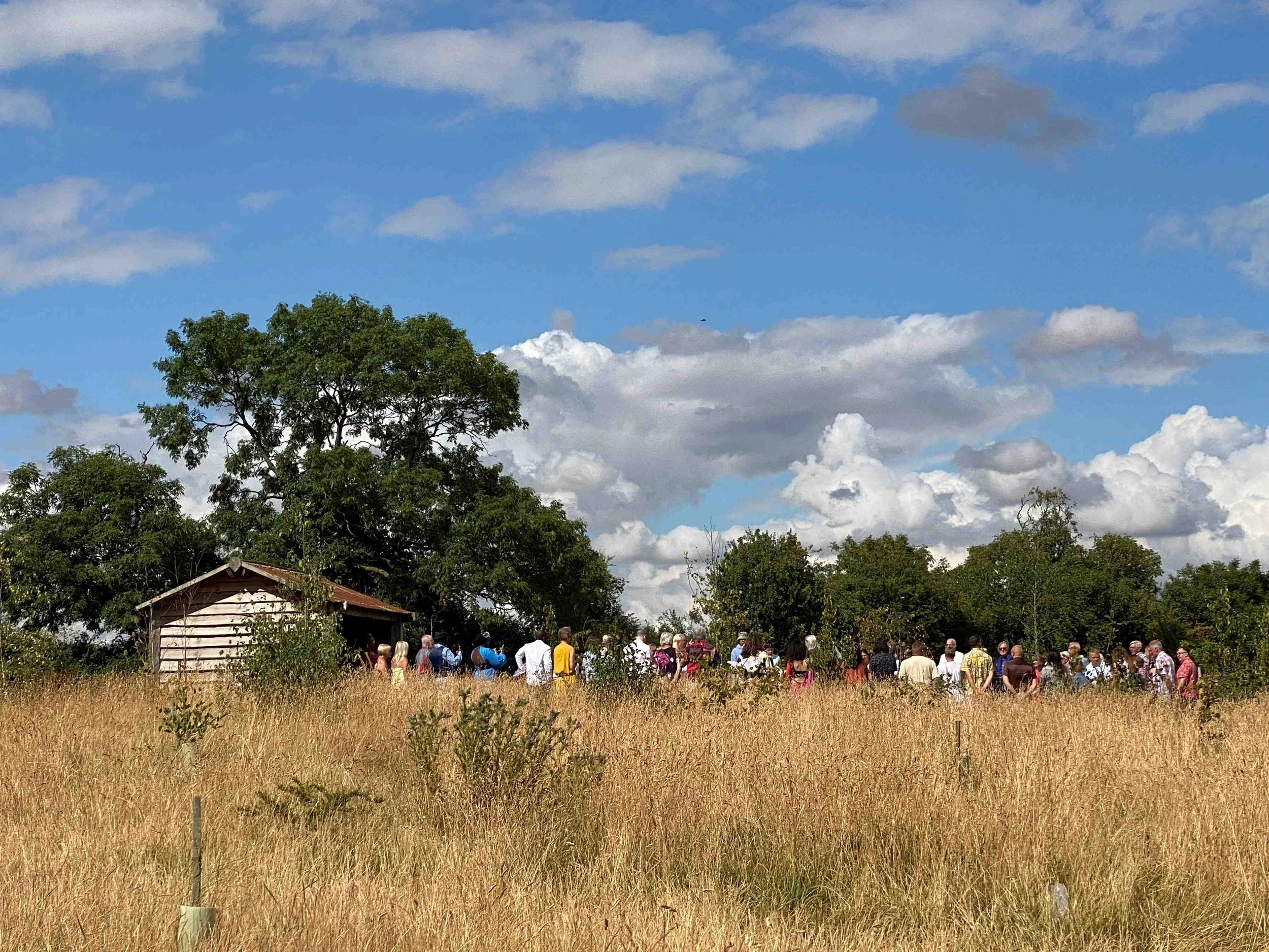 A large group of people gathered outdoors in a grassy area under a partly cloudy sky, with trees and a small building in the background.