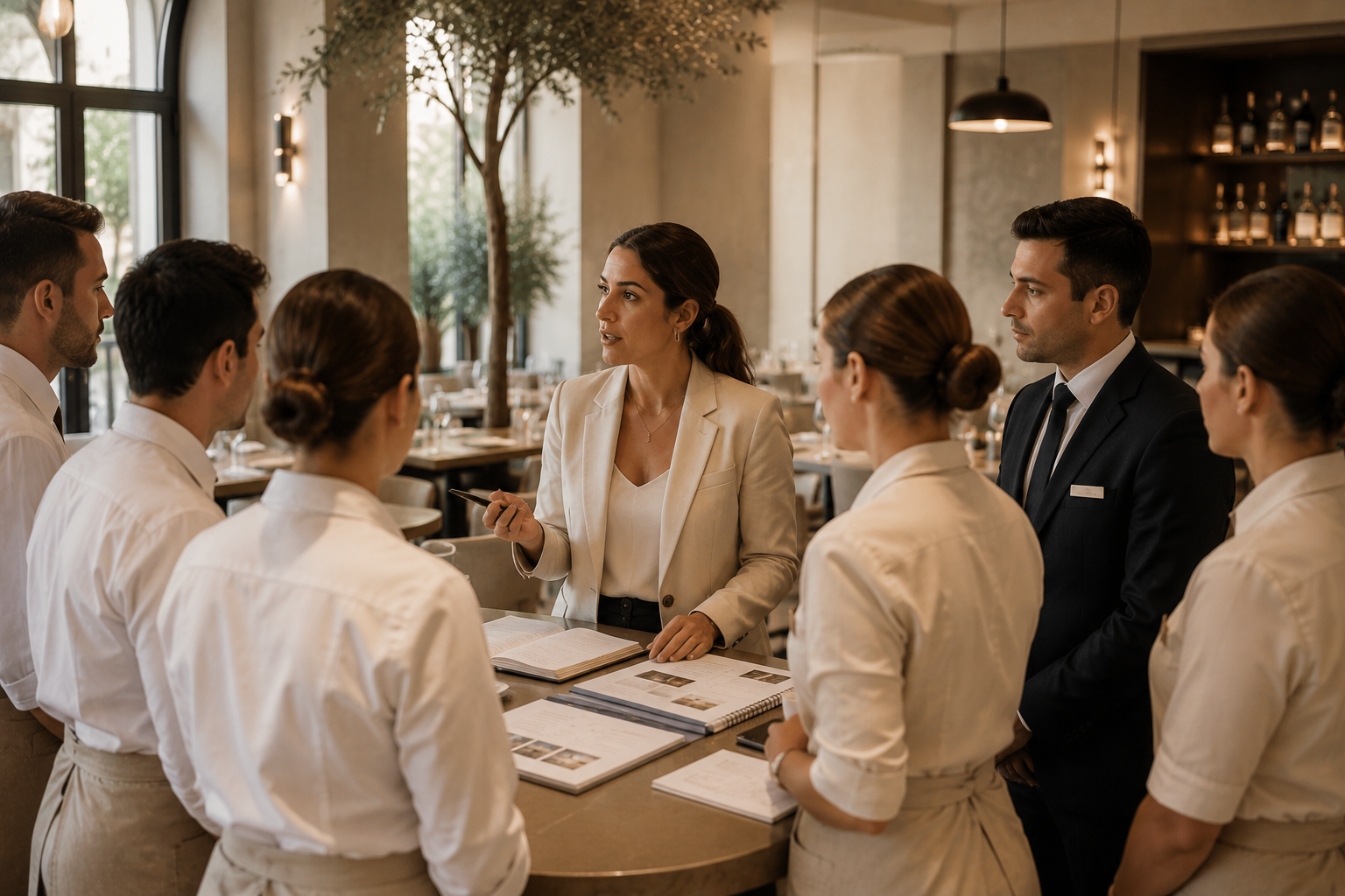 Une femme en manteau beige donne des instructions à un groupe de serveurs en uniforme dans un restaurant élégant.