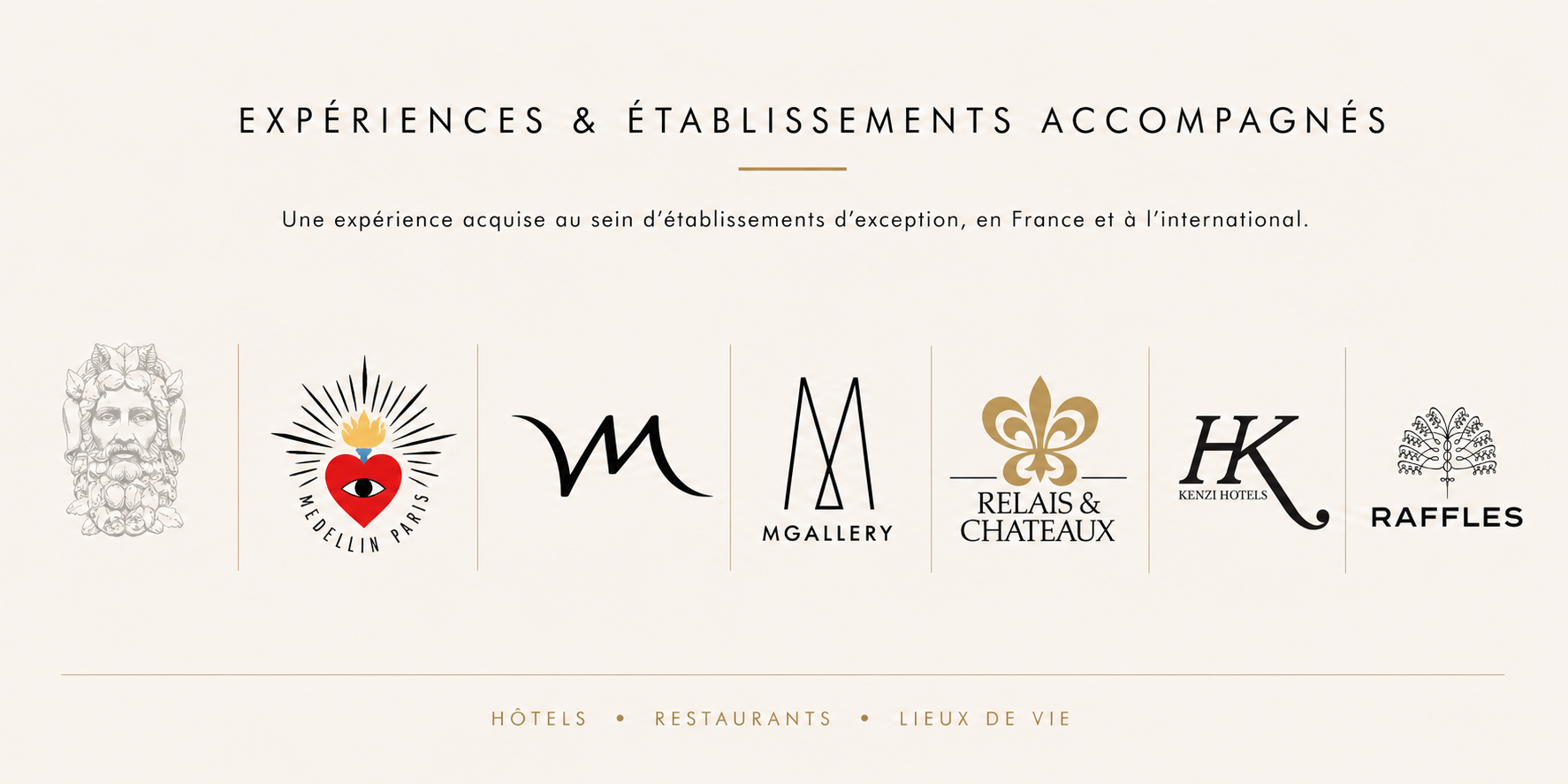 Logos de plusieurs établissements hôteliers, dont Médellin Paris, MGallery, Relais & Châteaux, Kenzi Hotels, et Raffles, avec un titre indiquant 'Expériences & Établissements Accompagnés' et une description mentionnant une expérience acquise dans des établissements d'exception en France et à l'international.