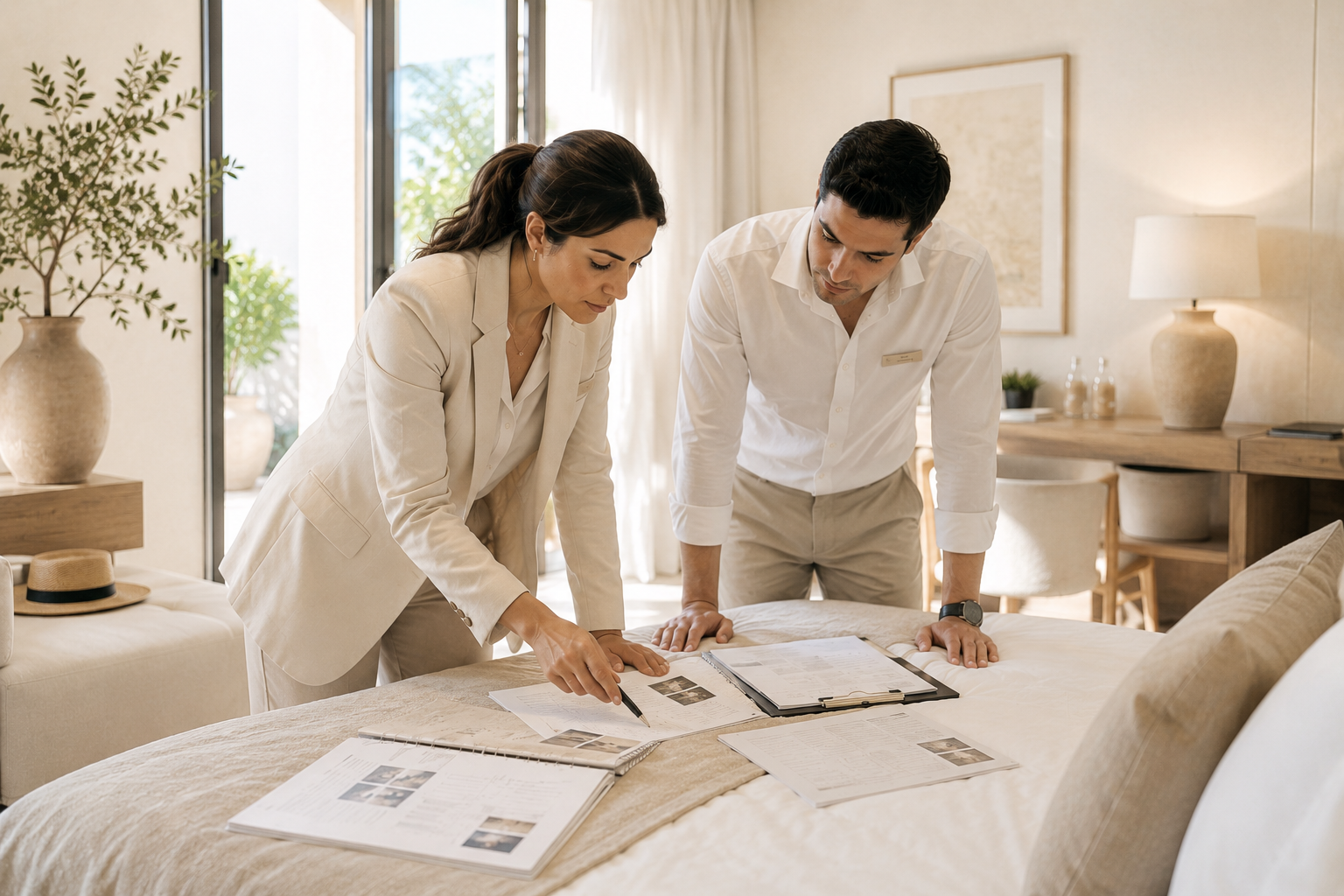 Deux personnes, un homme et une femme, discutent en se penchant sur un lit, avec plusieurs documents et photos étalés devant eux dans une chambre lumineuse avec des décorations modernes.