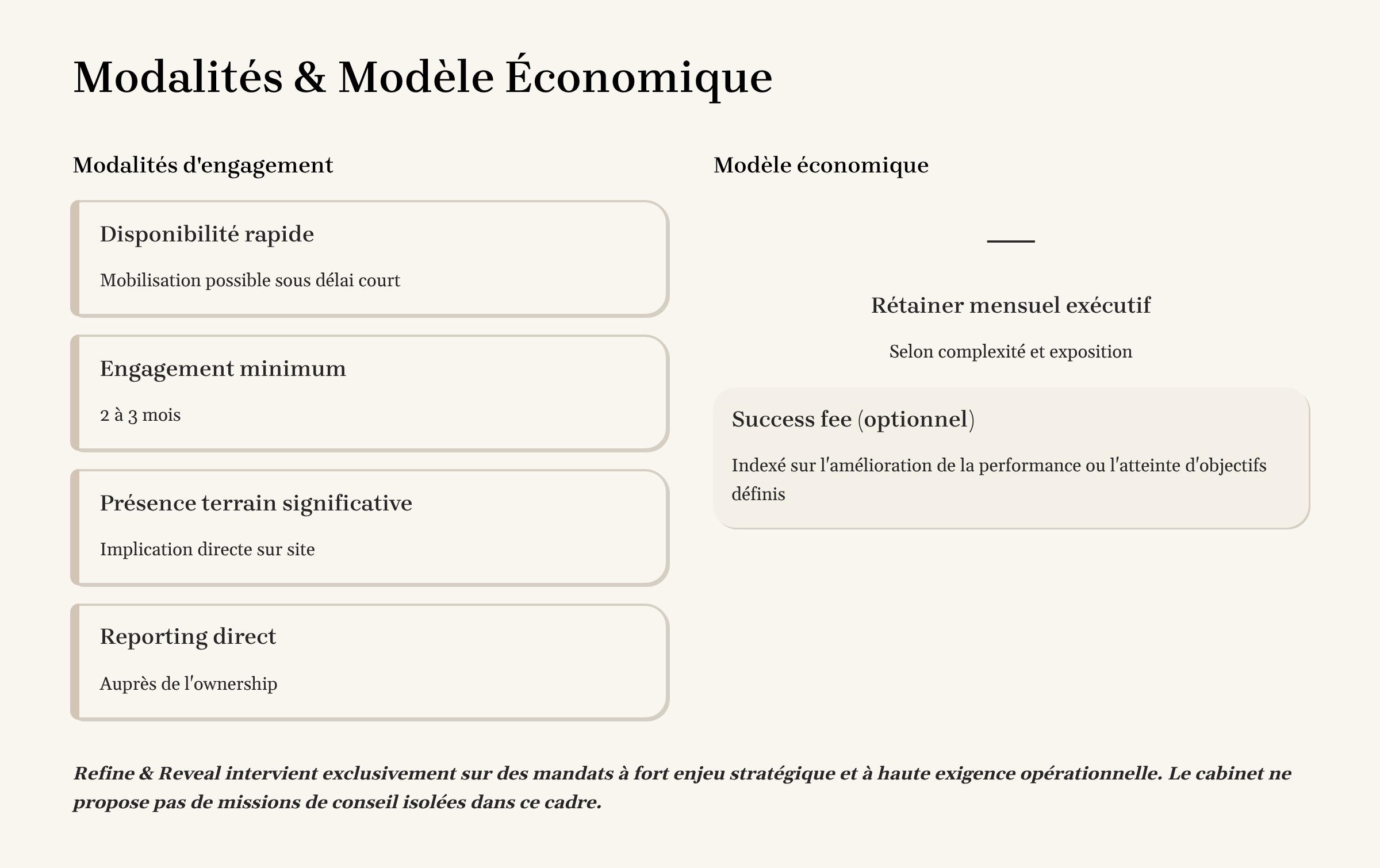 Tableau présentant différentes méthodes et modèles économiques, avec des sections sur modalités d'engagement, modèle économique, et autres critères comme la disponibilité rapide, l'engagement minimum, la présence terrain significative, et le reporting direct.