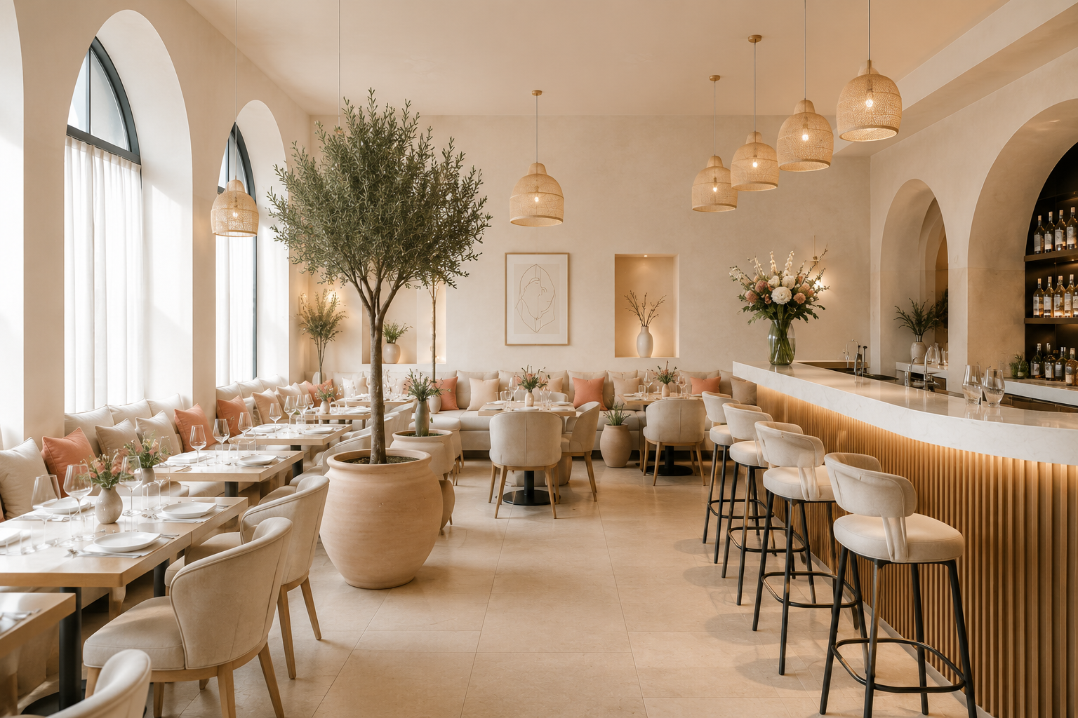 Salon de restaurant élégant avec grandes fenêtres, lampes en rotin, grande plante en pot, tables avec vaisselle et fleurs, bar en marbre avec chaises, décor minimaliste avec œuvres d'art et fleurs