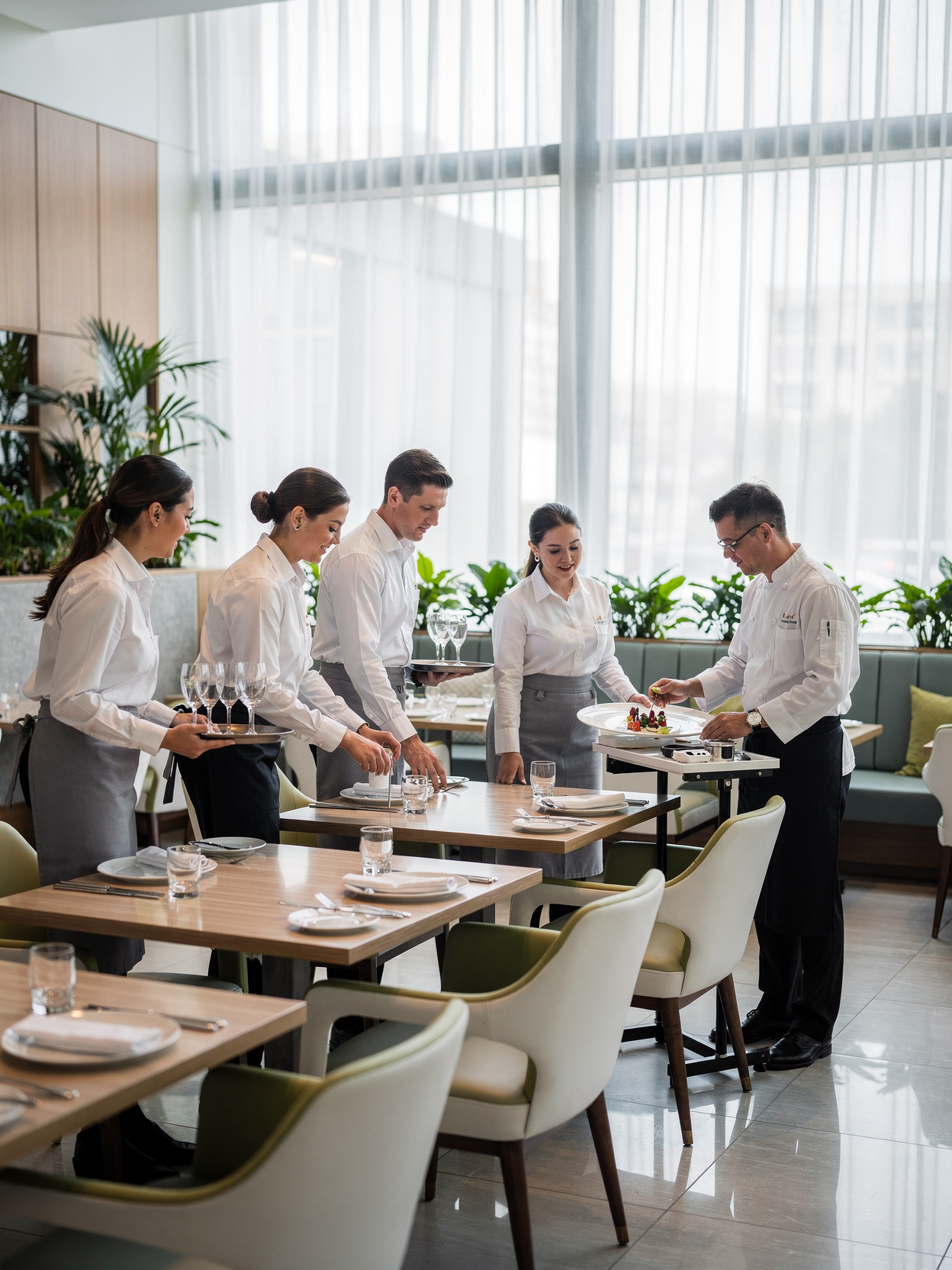 Groupe de serveurs en uniforme préparant la table dans un restaurant.
