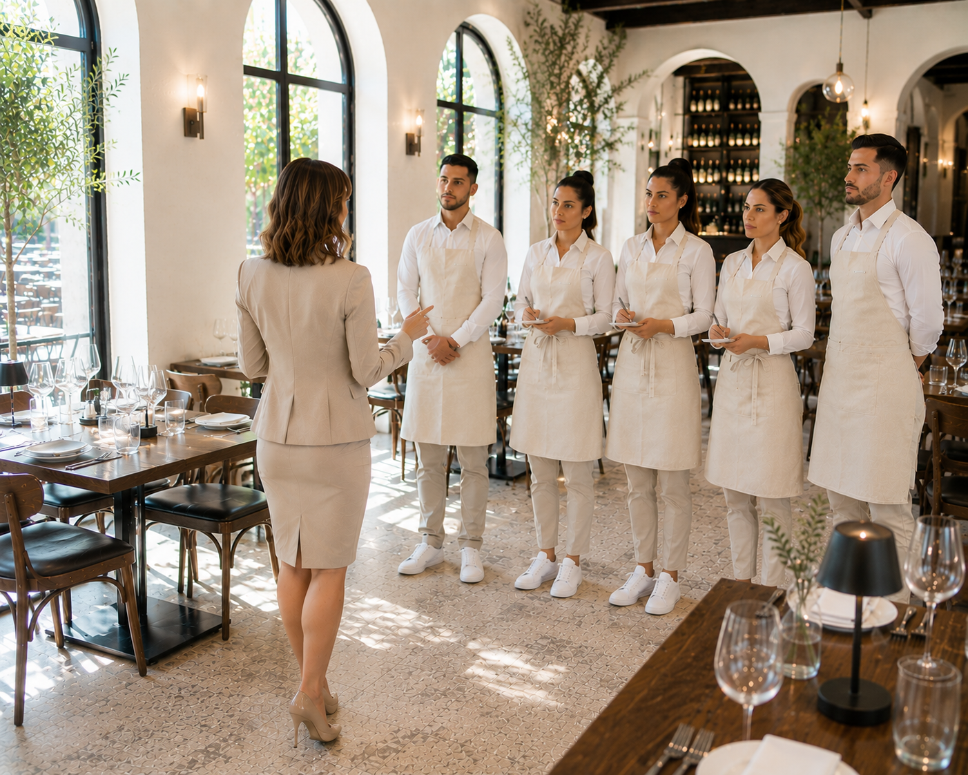 Une femme en costume donne des instructions à un groupe de cinq serveurs habillés de blanc avec des tabliers beiges dans un restaurant élégant.