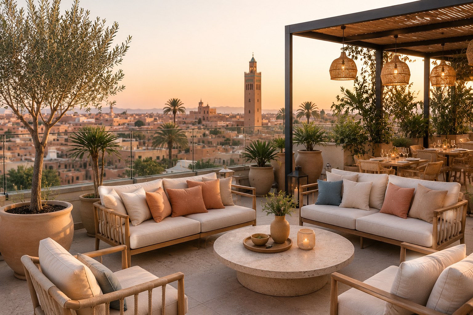 Terrasse de restaurant ou lounge avec vue sur une ville à l'heure du coucher de soleil, comprenant des canapés, des coussins, des plantes en pot, une table centrale et une zone de restauration.