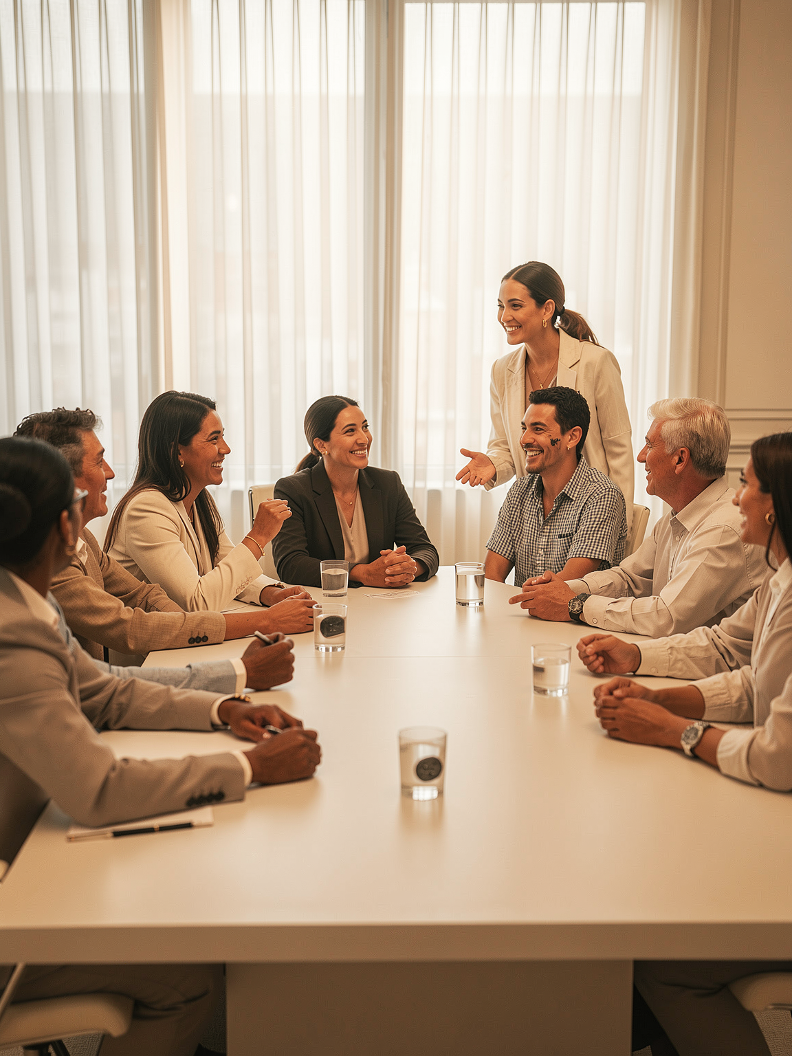 Un groupe de collègues en réunion discutant et souriant dans une salle de conférence lumineuse.