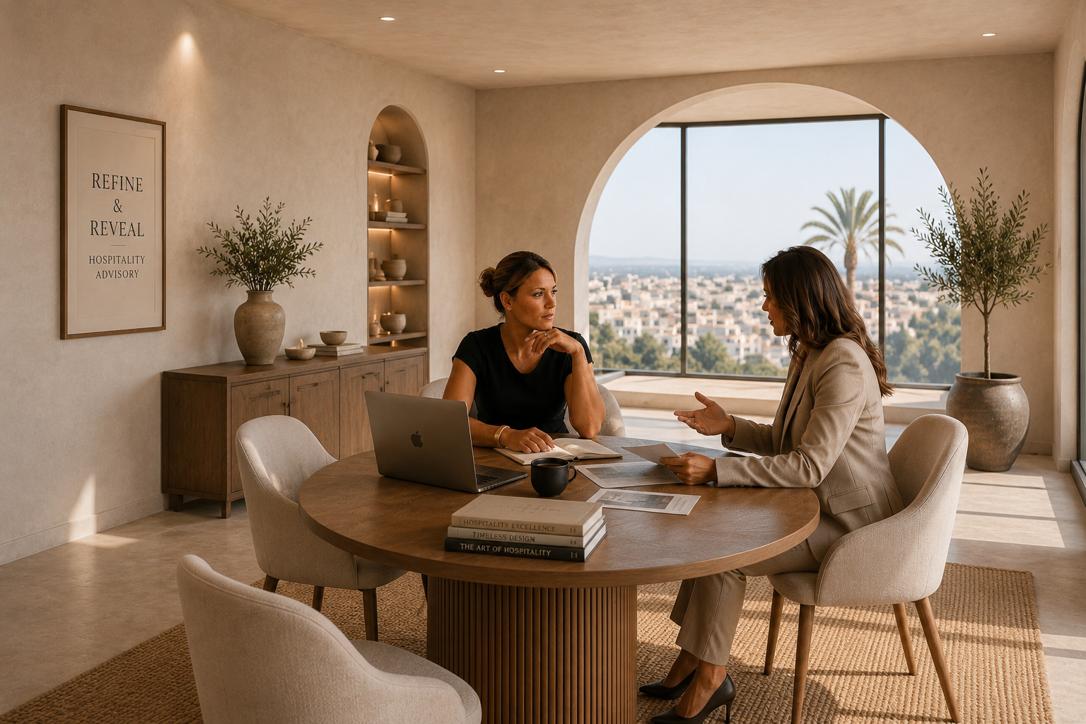 Deux femmes discutent dans une salle de réunion bien éclairée par une grande fenêtre avec vue sur une ville et des palmiers. La table est ronde, avec un ordinateur portable, des livres et des documents. Un tableau mural avec la phrase "Refine & Reveal, Hospitality Advisory" et deux grands vases avec des plantes décoratives sont visibles.