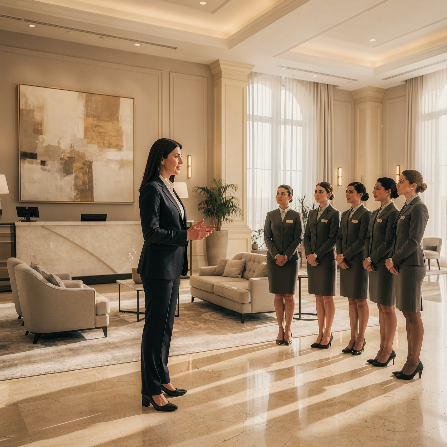 Une femme en costume rencontre cinq femmes habillées en uniforme dans un hall d'hôtel luxueux.
