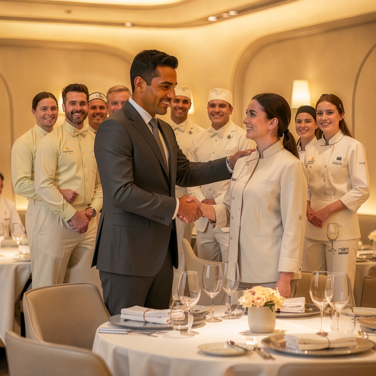 Homme d'affaires saluant une femme, entourés par des cuisiniers dans une salle élégante.