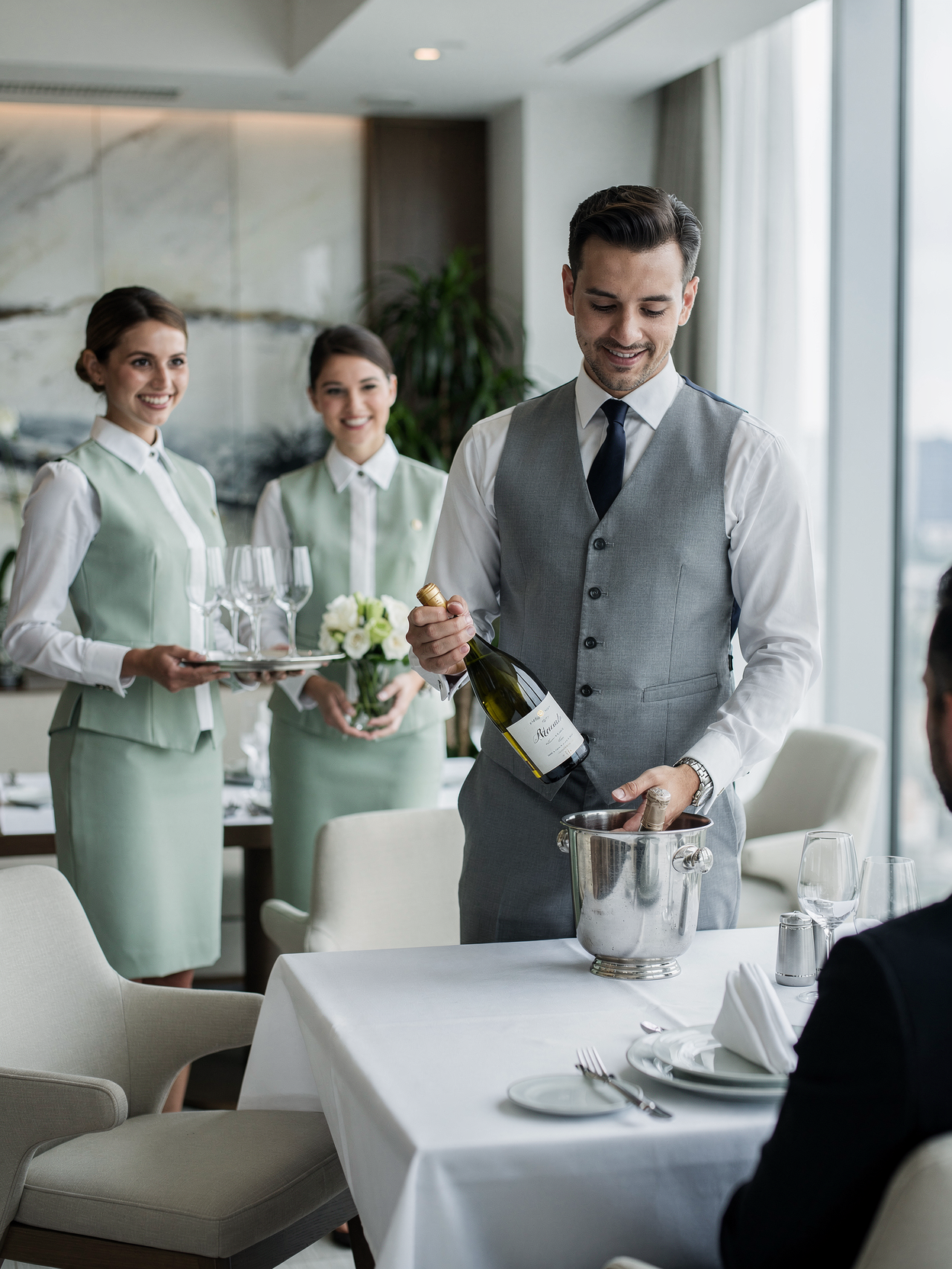 Serveuse et serveur en salle de restaurant préparant du champagne pour des clients.