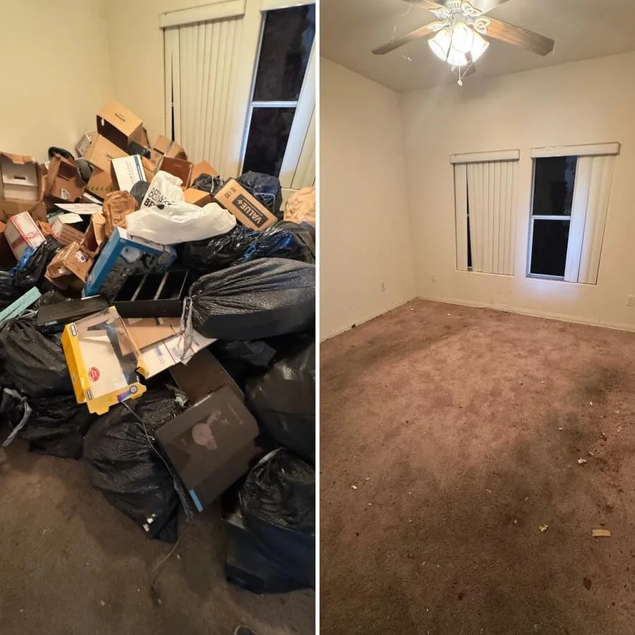 Comparison photo showing a cluttered room filled with trash and boxes on the left, and a clean, empty room with a ceiling fan and carpet on the right.