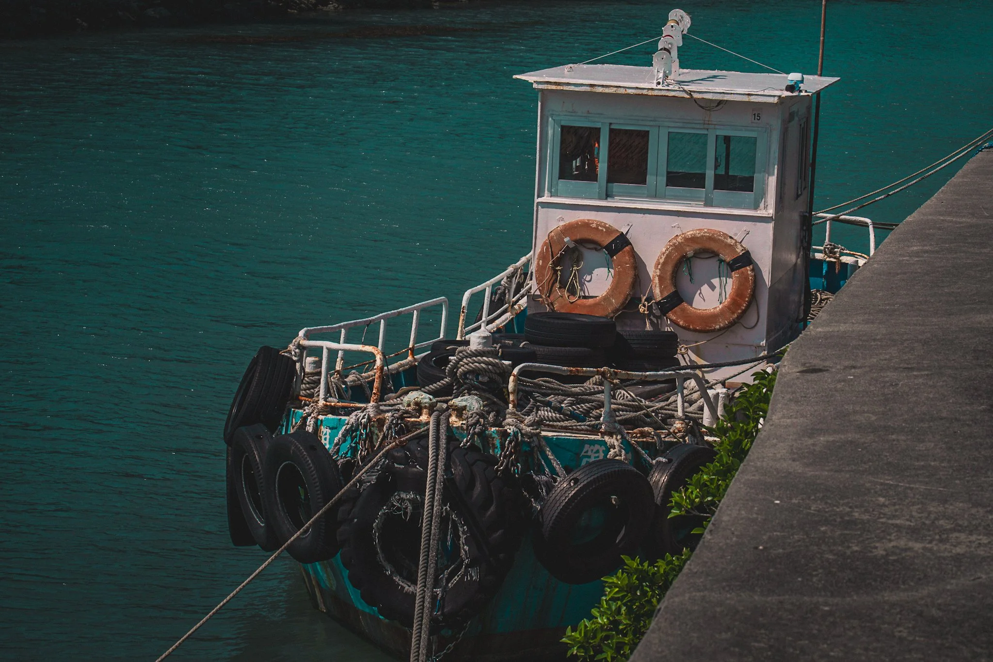 A small docked boat with life rings, tires, and ropes attached, is moored at a concrete pier by the water, and is surrounded by green plants.
