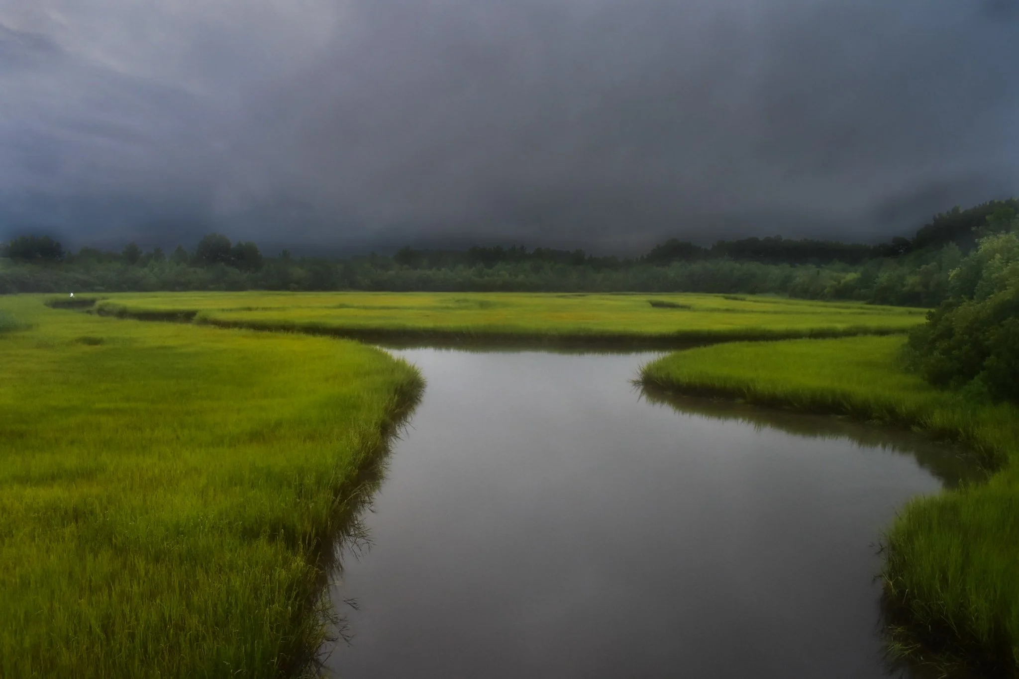 A landscape with a narrow river winding through bright green grassy fields under dark, cloudy skies with a thick forest in the background.