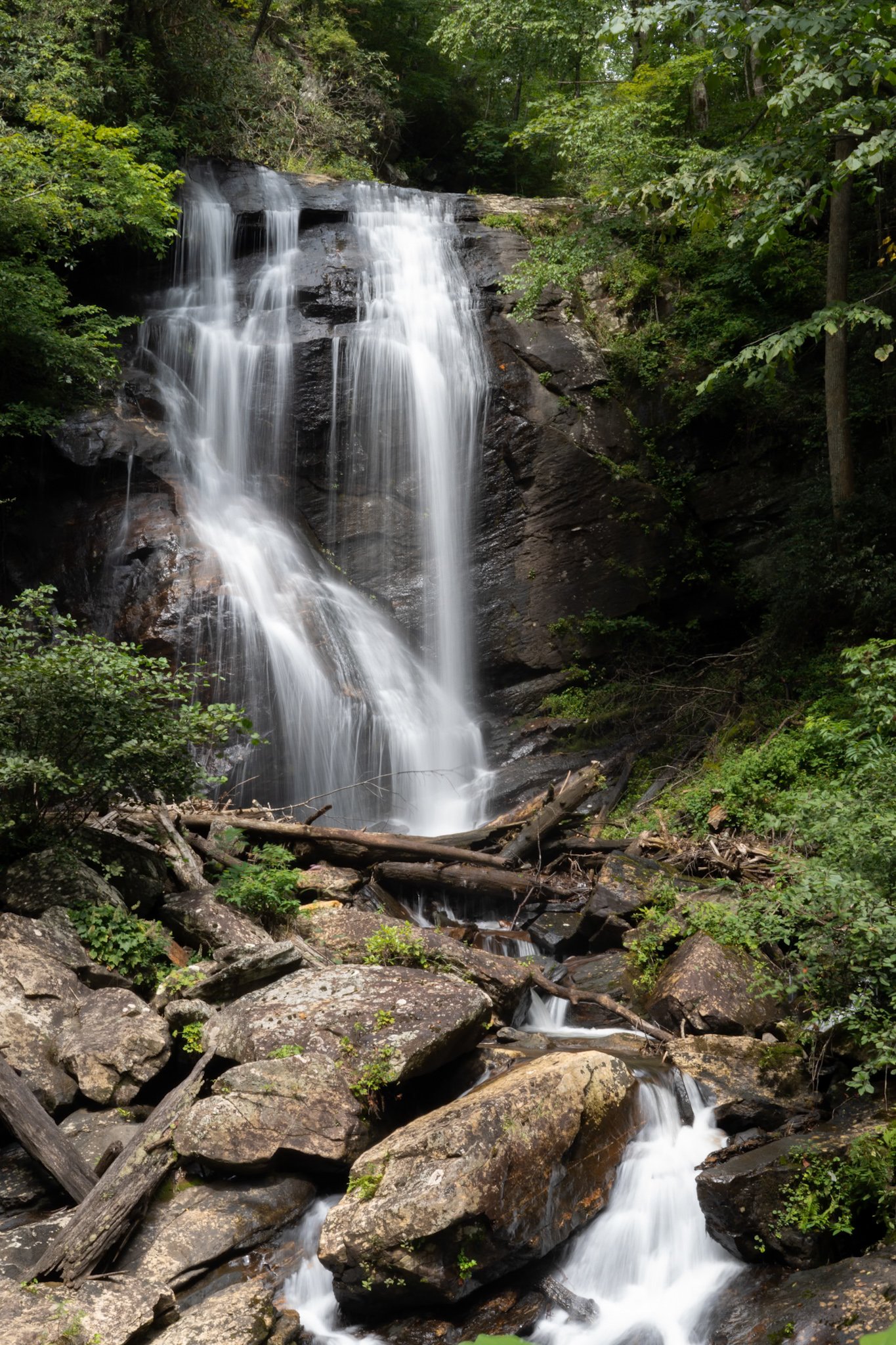 Waterfall flowing over rocks surrounded by green trees and foliage