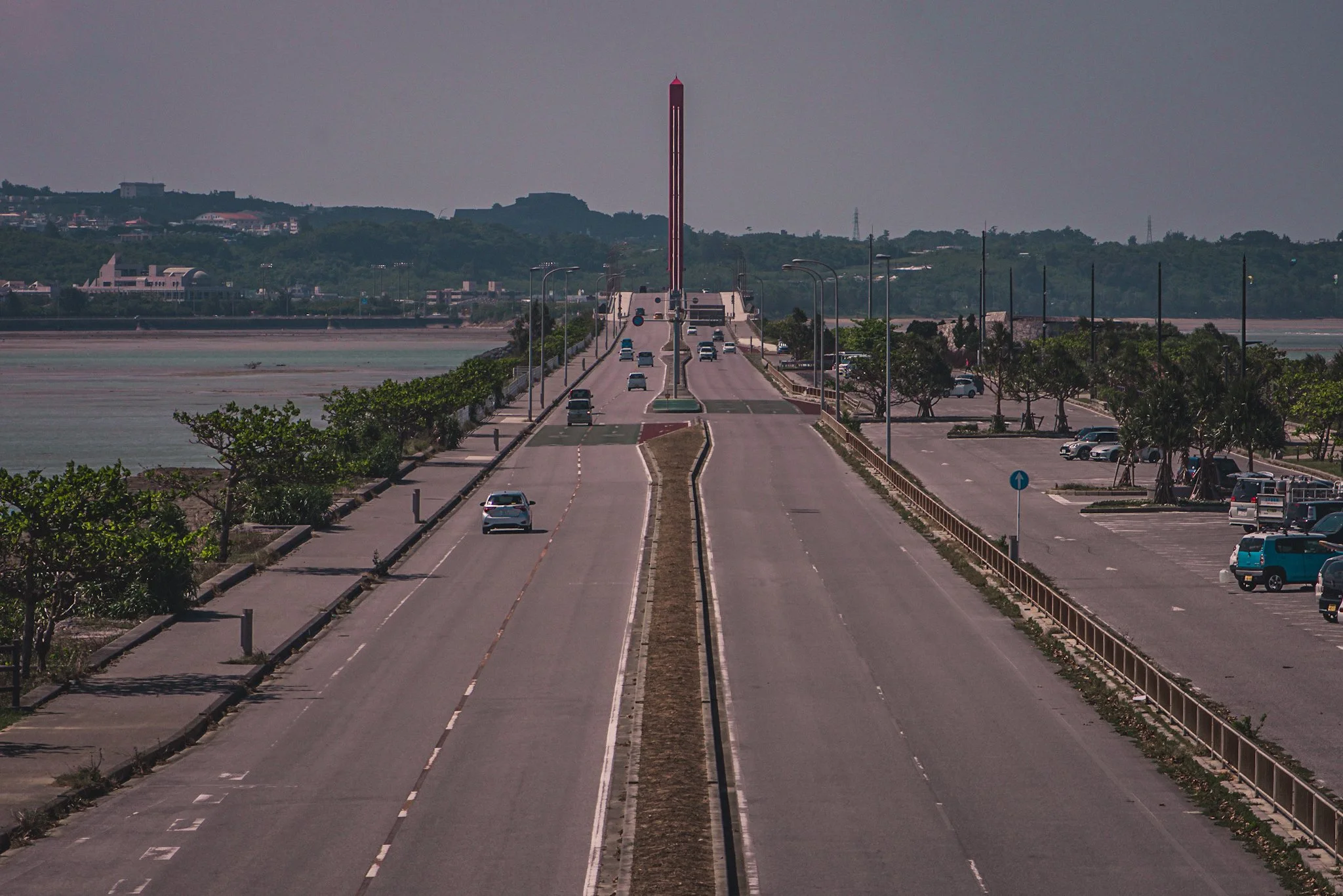 A view of a bridge extending over a body of water with cars traveling on it, lined with trees, and a distant city skyline with a tall tower in the background.