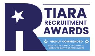 Tiara Recruitment Awards sign with a large white star on a dark blue background, indicating highly commended status and best recruitment company for small to medium businesses.