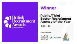 British Recruitment Awards winner certificate for Public/Third Sector Recruitment Agency of the Year, sponsored by KAG, Workable, and other partners.