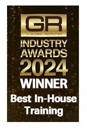 Graphic design announcing the 2024 Global Recognition Industry Awards, showcasing a winner for Best In-House Training.