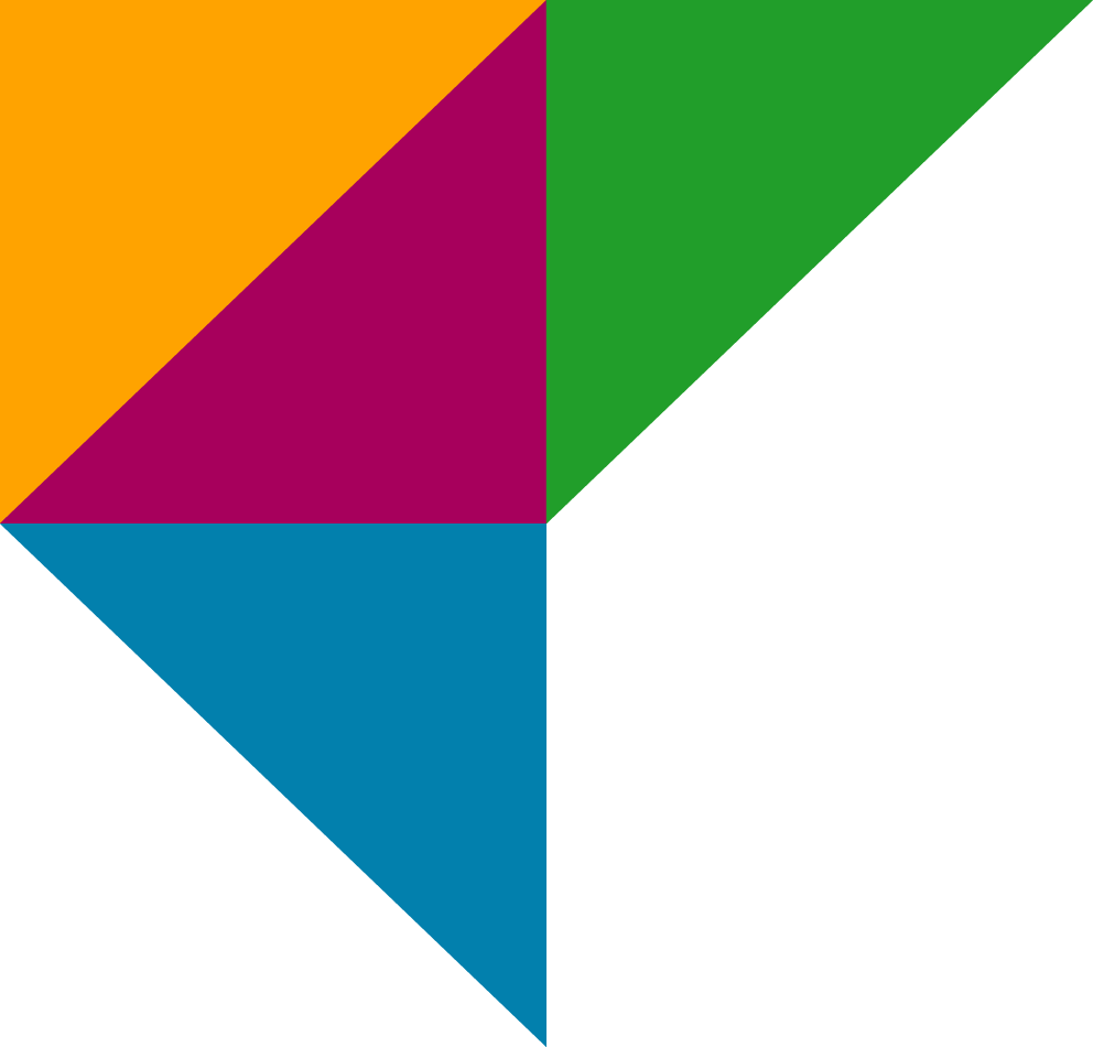 A colorful, abstract geometric design with various vibrant triangular shapes in orange, purple, green, blue, and black.