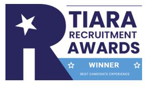 Tiara Recruitment Awards winner badge with a large letter R and a star.