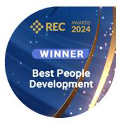 Award badge for Best People Development, 2024, recognizing a winner, with gold accents and a blue background.