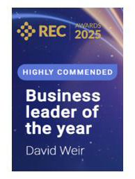 Business award badge for David Weir, highlighted as 'Highly Commended Business Leader of the Year' at the REC Awards 2025.