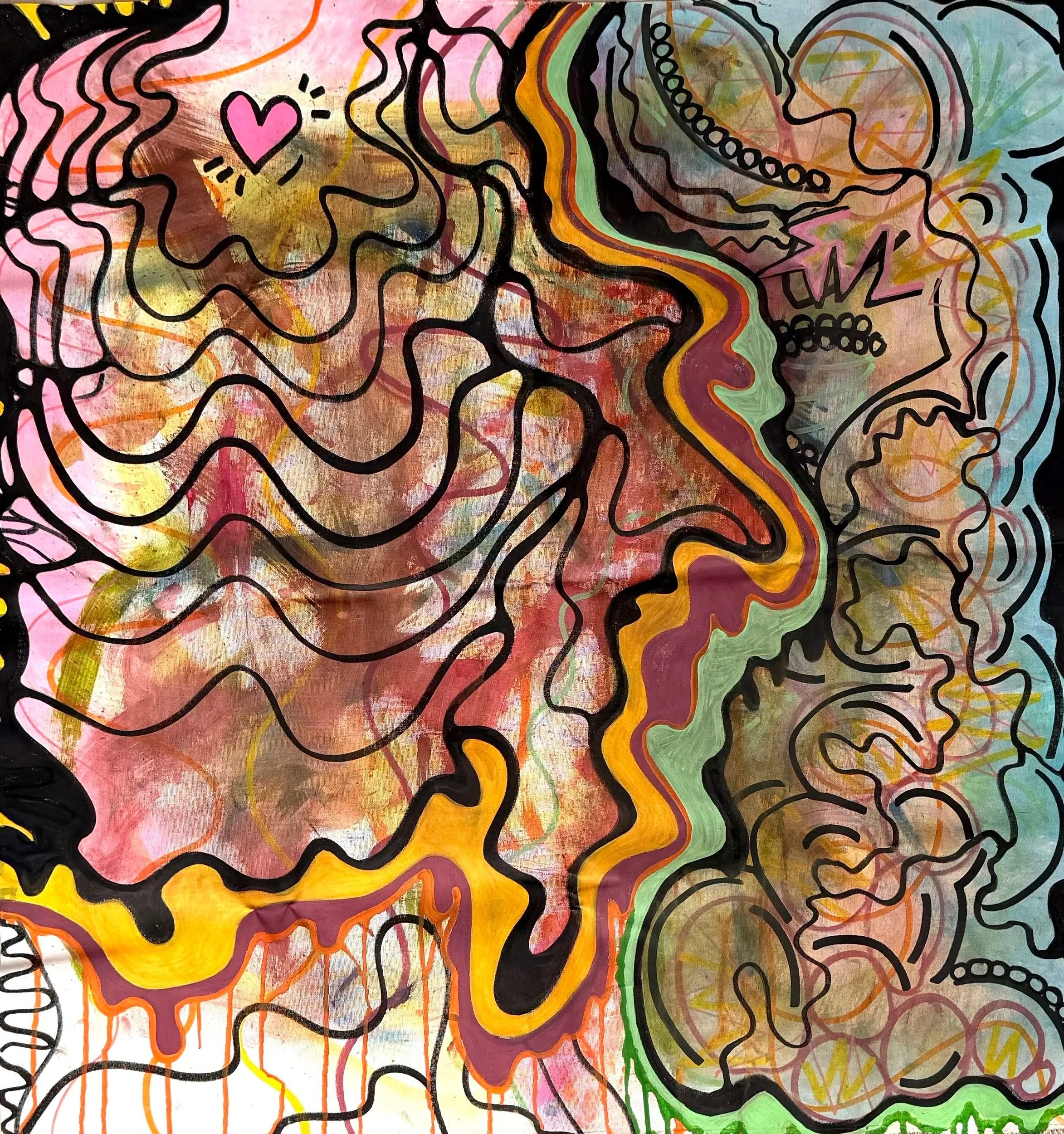 Colorful abstract artwork featuring swirling lines, shapes, and splashes of pink, yellow, green, orange, black, and blue, creating a dynamic and vibrant composition.