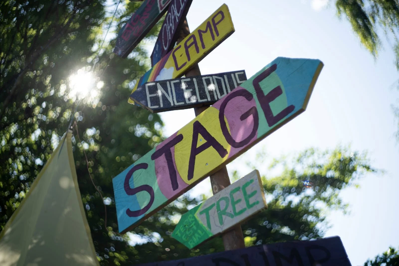 Colorful wooden signs pointing in various directions, with words such as 'CAMP,' 'ENGLISH,' 'SPACE,' 'TREE,' and 'STAGE,' outdoors in a sunny environment with trees and leaves in the background.