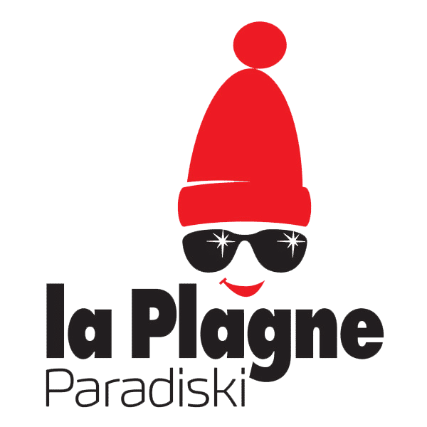 A logo featuring a stylized face with a red Santa hat, sunglasses with star-shaped reflections, and a smiling mouth, accompanied by the text "la Plagne Paradiski".