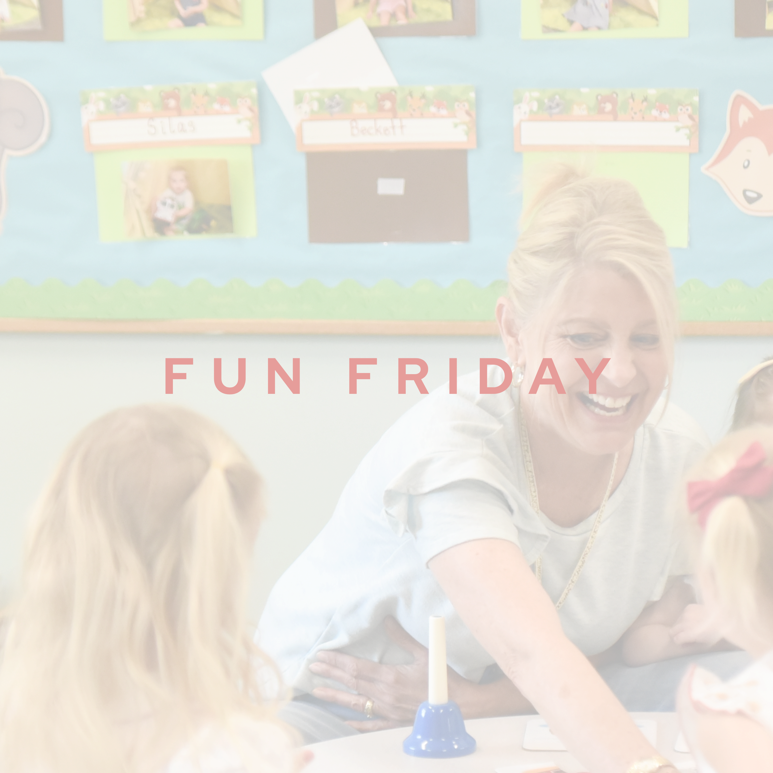 A woman and children engaging with a science experiment using a blue funnel and straw, on a table in a classroom decorated with colorful animal-themed posters.